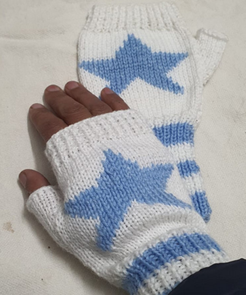 White & Blue Hand Knitted Gloves