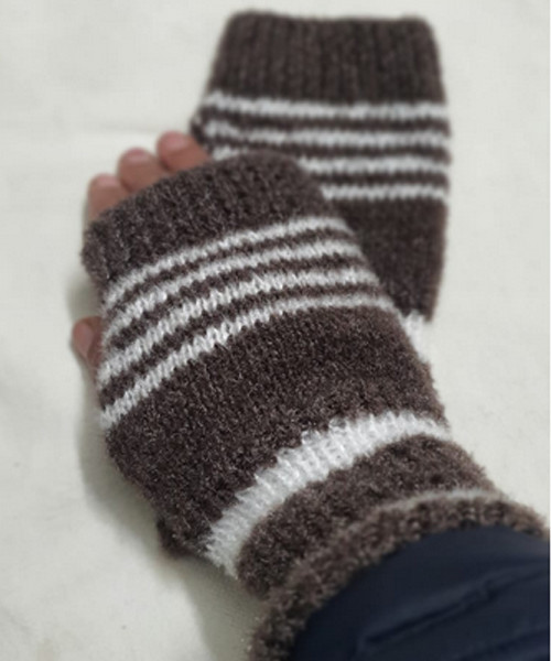 Dark Brown with White stripes Hand Knitted Gloves