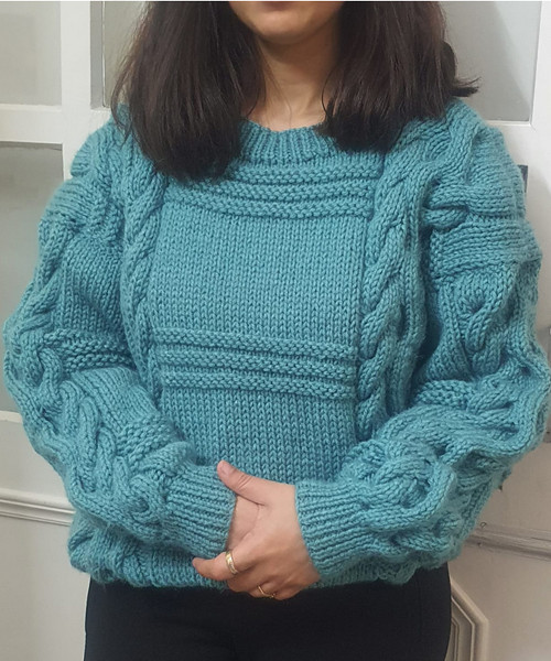 Teal Colored Hand knitted Sweater