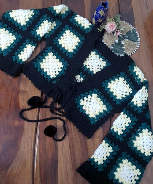 Crochet Wrap Top – Black, Green & Cream